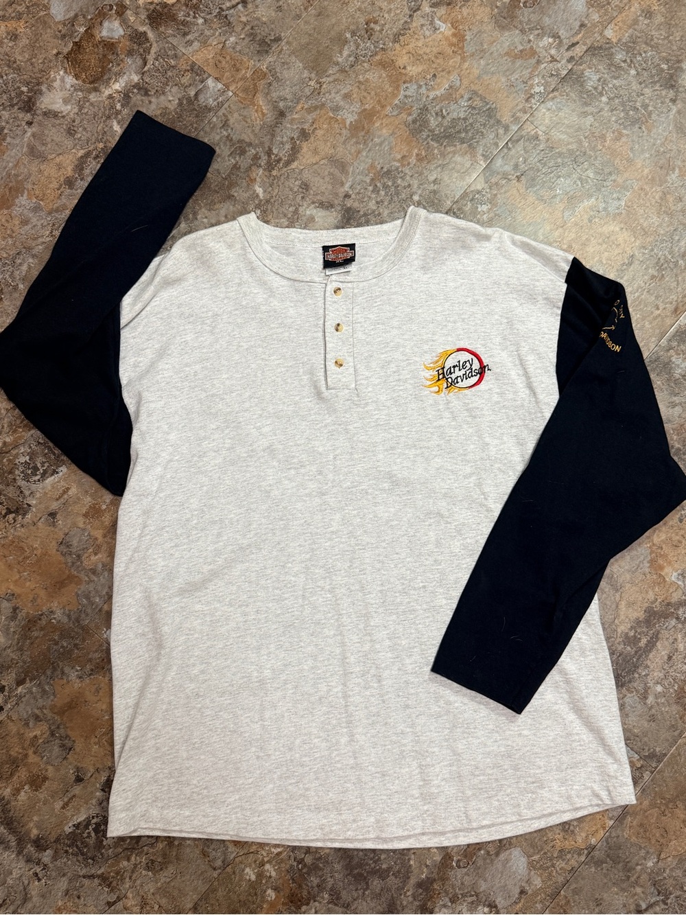 Harley-Davidson Light Gray Henley with Black Long Sleeves and Flame Logo